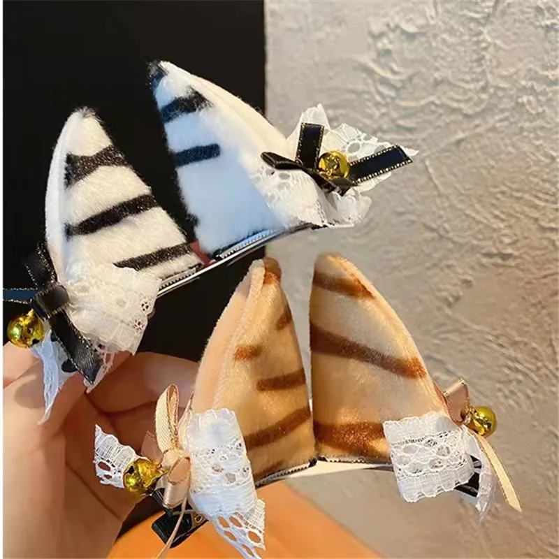 

2Pcs White Brown Tiger Ears With Bell Hair Clip Cosplay Party Bow Plush Costume Hair Clip Festival Kids Gift Hair Accessories