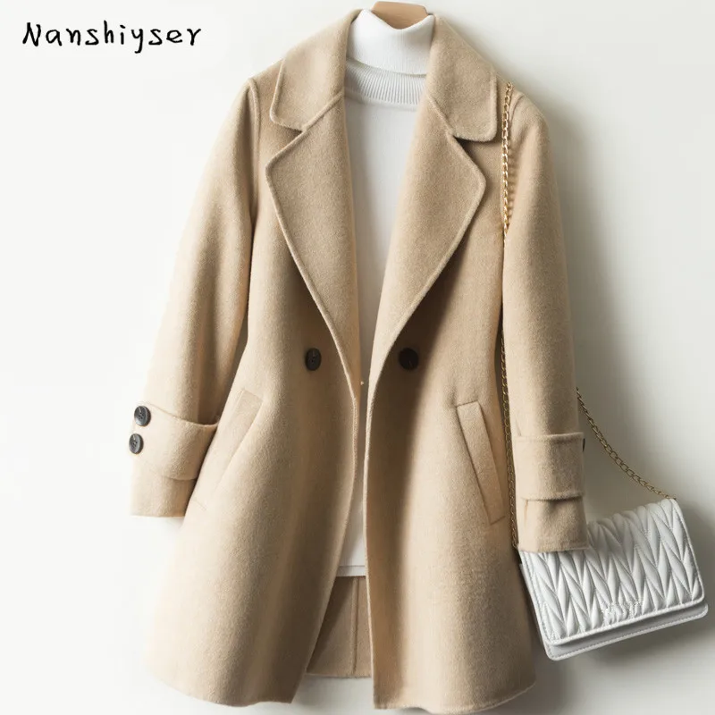 

2021 Autumn Winter High Quality Double-Sided Cashmere Coat Women Wool Jacket Plus Size Slim Mid-length Women Solid Woolen Coat