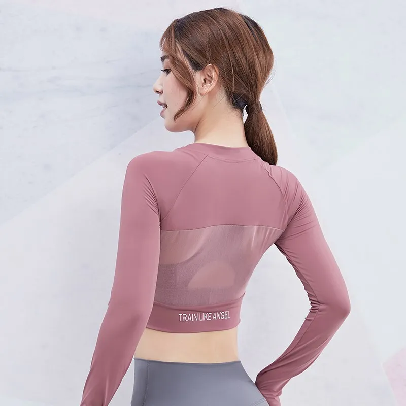 

Vansydical Women Sexy Mesh Yoga Shirts O-Neck Running Excise Tees Long Sleeve Fitness Crop Tops