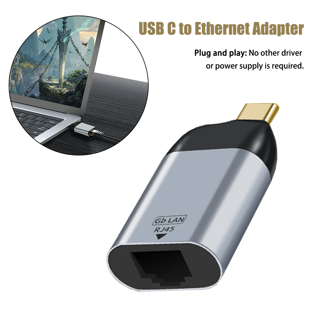 

Grey Network Hub 1-Gigabit Aluminum Alloy Plug And Play Computers Travel Accessories USB C To Ethernet Adapter For Thunderbolt 3