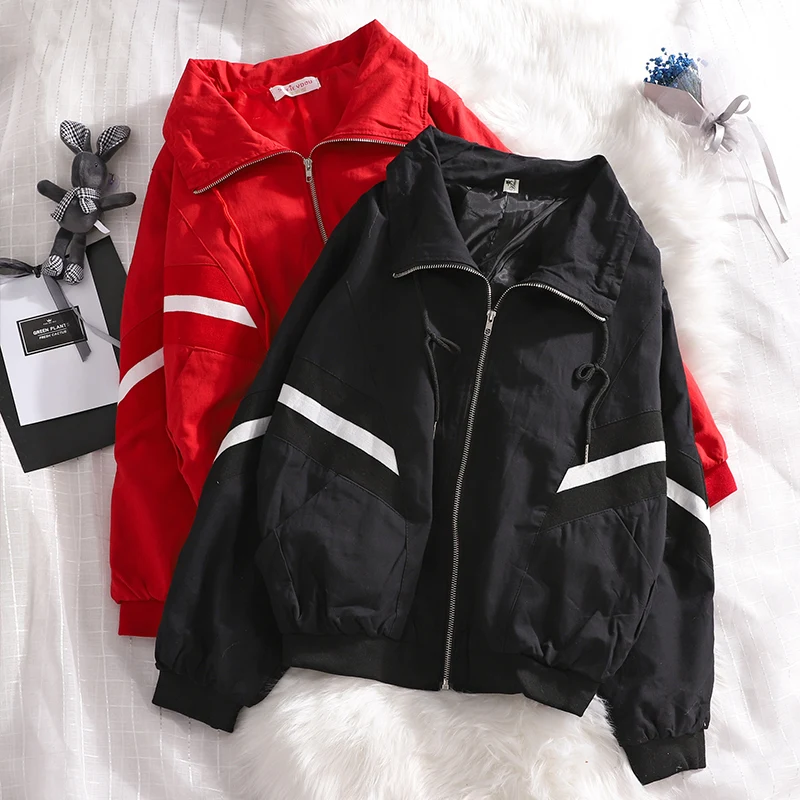 

Korean Baseball Women Jacket Casual Pocket Solid Red Loose Ladies Coat Long Sleeve Fashion Autumn Women Tops Street New MM60NJK
