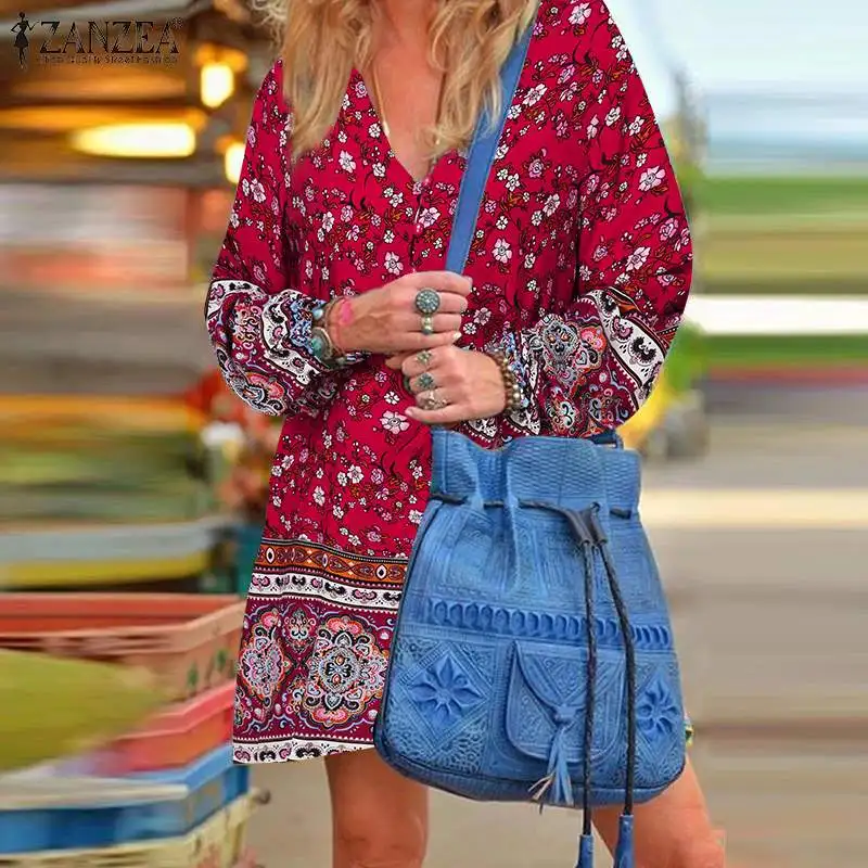 

Мини-платье ZANZEA женское с богемным принтом, повседневный короткий сарафан с пышными рукавами, оверсайз с V-образным вырезом, лето 2022