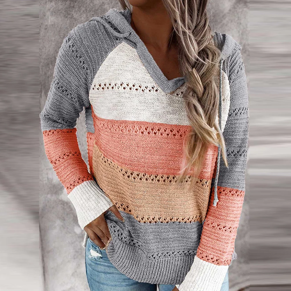 

2020New Casual Women Autumn Long Sleeve Stripe Patchwork Knitted Pullover Hooded Sweater