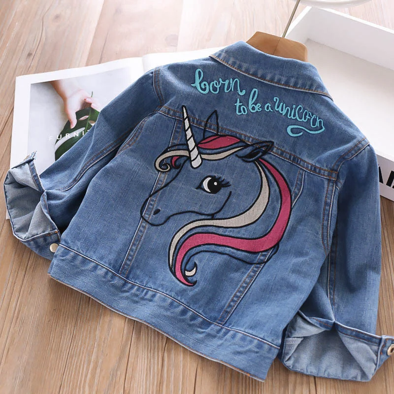 TK00833Blue Детский жакет из денима для девочки милый Единорог детская одежда длинный рукав для маленьких девочек Костюмы с буквенным принтом для маленьких девочек, комплект одежды на осень - Цвет: TK00833Blue