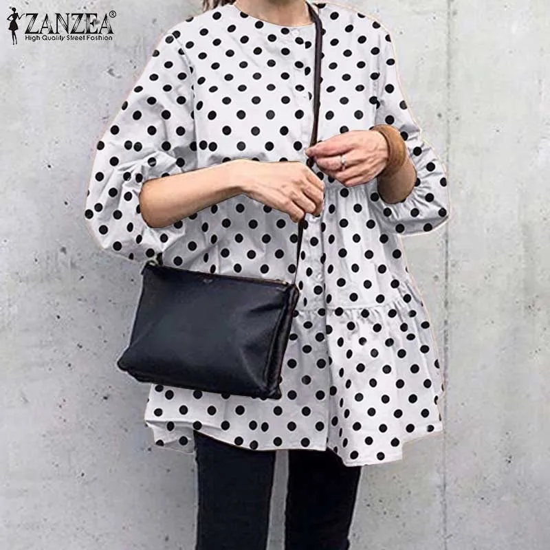 

Женская элегантная рубашка ZANZEA с круглым вырезом, модная блузка, женские осенние Топы в горошек, 2021, стильная блузка с длинным рукавом, Повсе...