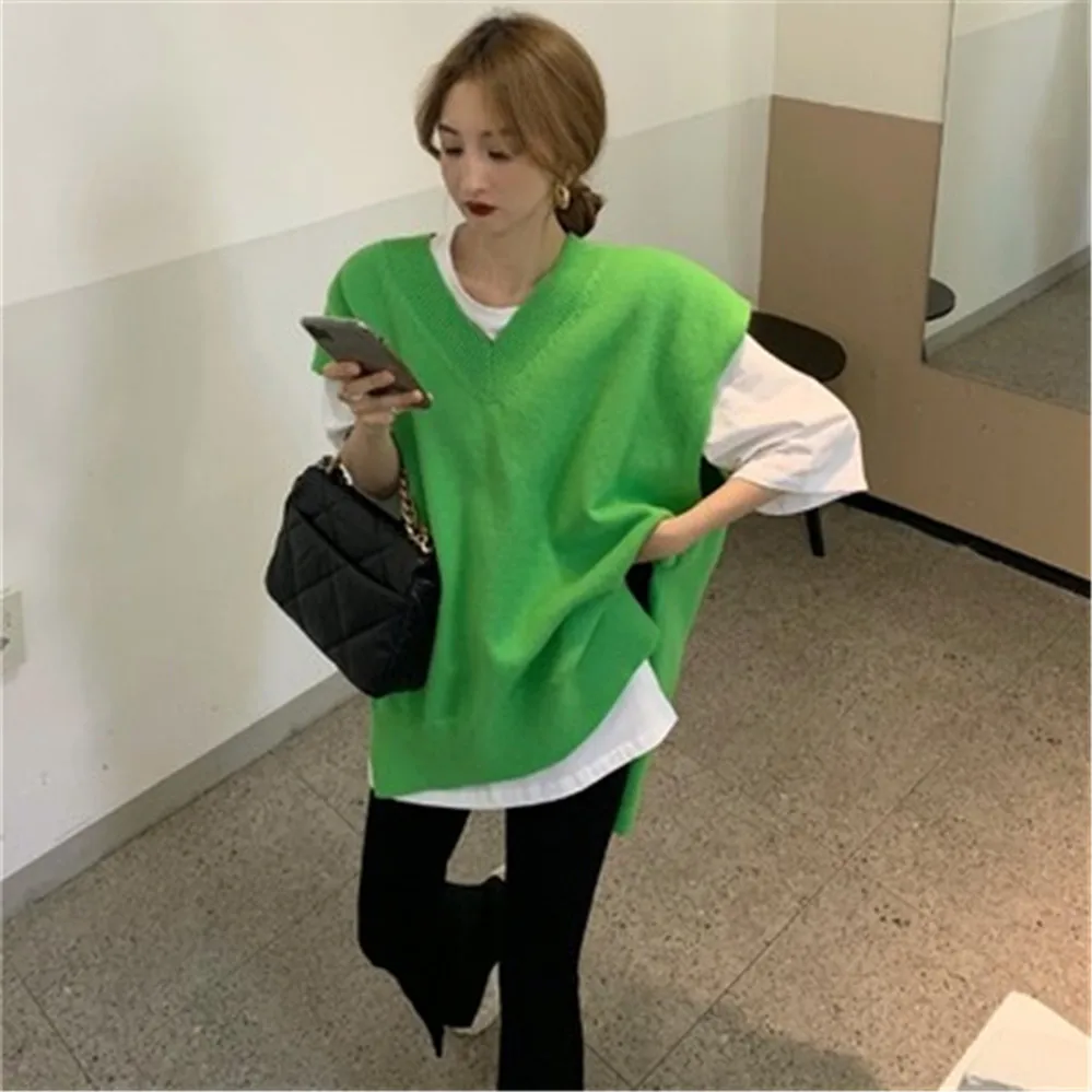 Women Pullovers Waistcoat Sweater Vest Knitted Irregular Split Retro V-neck Basic Tops 2021 Korean Fashion Autumn Winter |