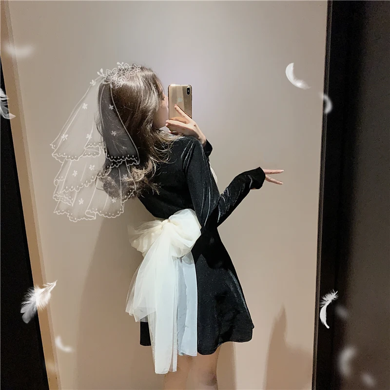 

Hi Girl Velour Black Dress Spring Long Sleeve Mesh Patch Big Bow Tie Back V neck Dresses Slim Elegant A line Mini Dress Vestidos