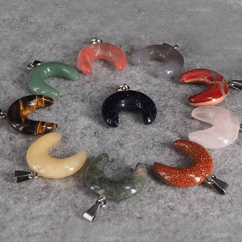 6pcs New Fashion Moon Pendants Clear Quartz Crystal Aventurine Pendulum Natural Stone Pendant Necklace For Jewelry Making