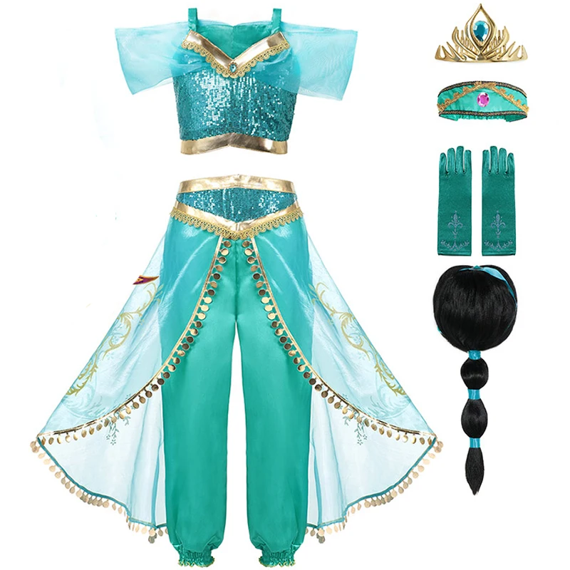 

Girls Princess Jasmine Costume Party Princess Dress Fancy Clothing Set Top Pants Headband Child Aladdin the Magic Lamp Costume
