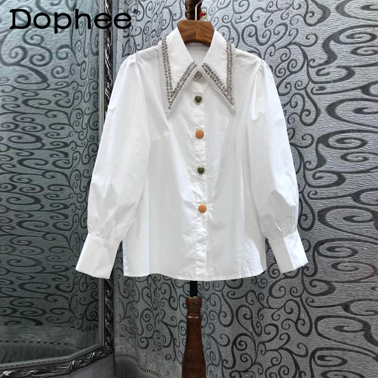 

High Quality White Shirts Women 2021 Spring New Color Button Hot Drilling Long Sleeve Blouses Comfortable Cotton Female Top
