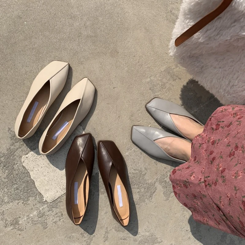 

Genuine Leather 2021 New Square-toe Soft-soled Flat Shoes Comfortable and Fashionable All-match Single Shoes Women's Simple Shoe