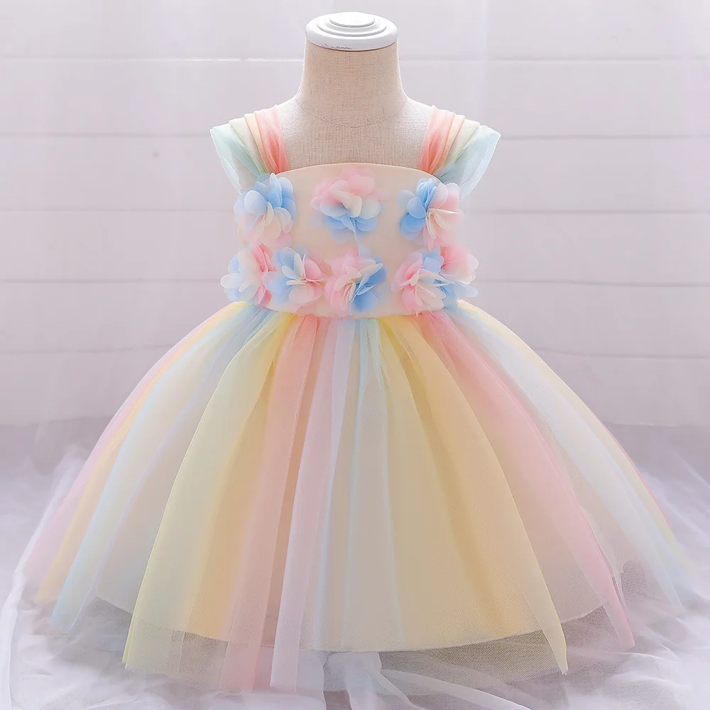

Flower Girls Wedding Dress Rainbow Tulle Gown Princess Birthday Dresses Toddler Baptism Clothing Party Dress for Kids Clothes