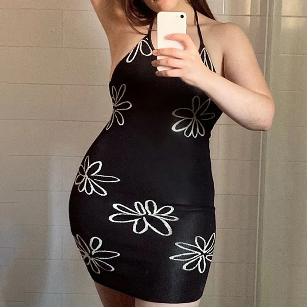 

2021 Summer Floral Backless Knitted Bodycon Dress Women Halter Neck Y2K Sexy Sleeveless Beach Vintage Mini Dresses Party Midi