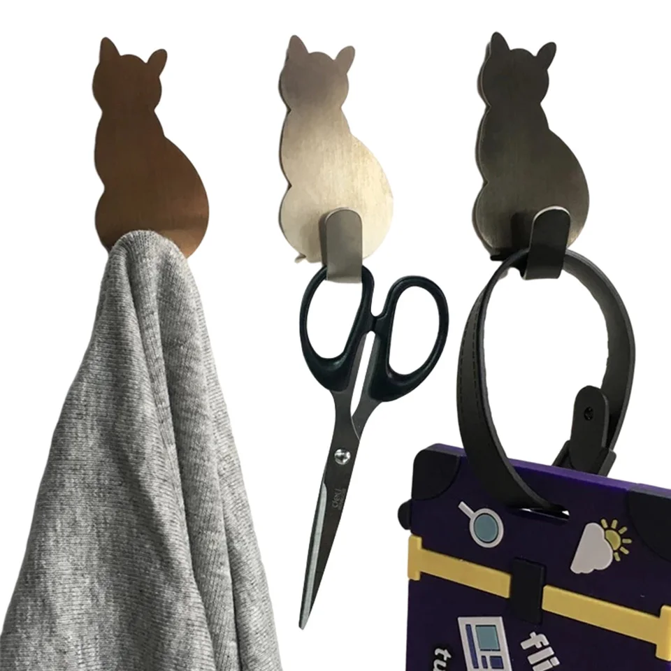 

2 pieces of cat pattern self-adhesive hook storage rack bathroom kitchen wall-mounted door wall hanger creative towel rack