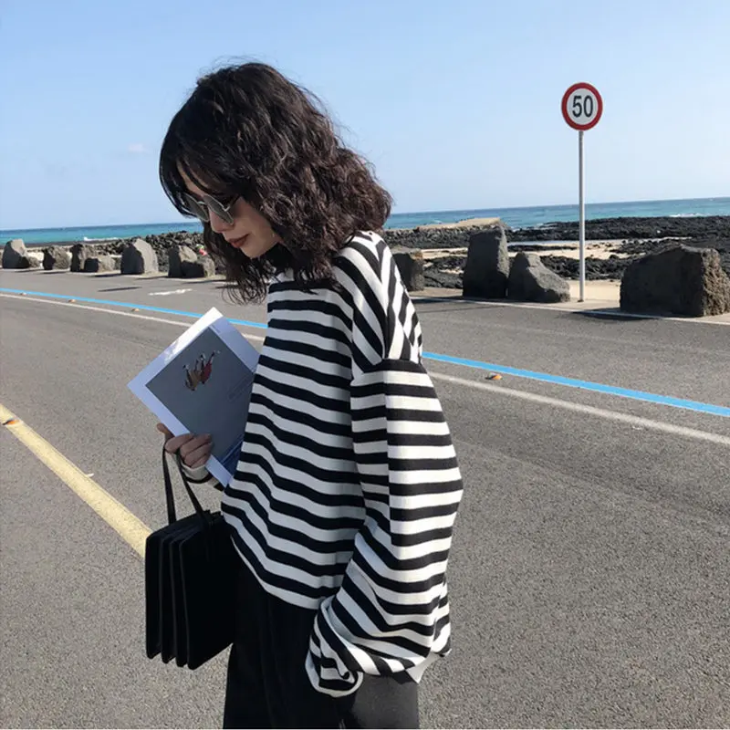 Толстовка без шапки Женская в полоску простой мешковатый Повседневный Ретро