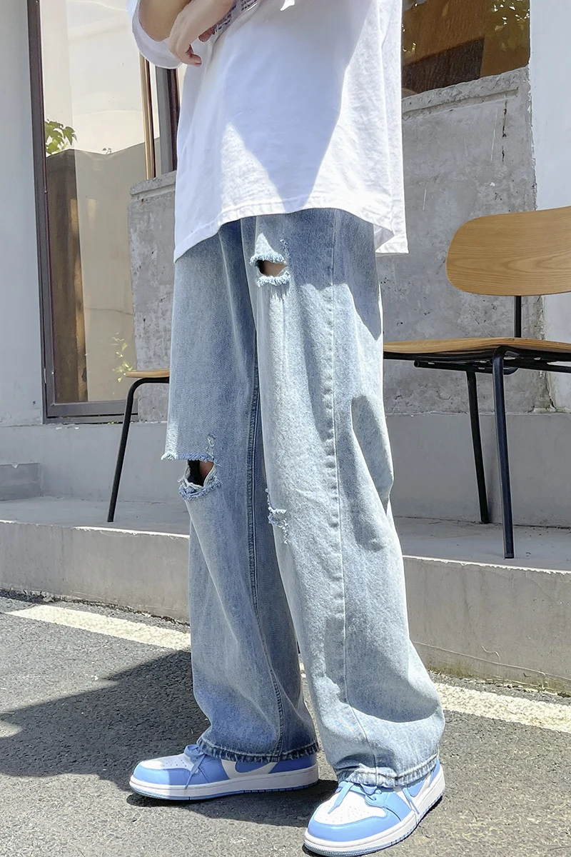 

2021 New Summer Ins Hong Kong Style Light Color Hole Loose Straight Trousers