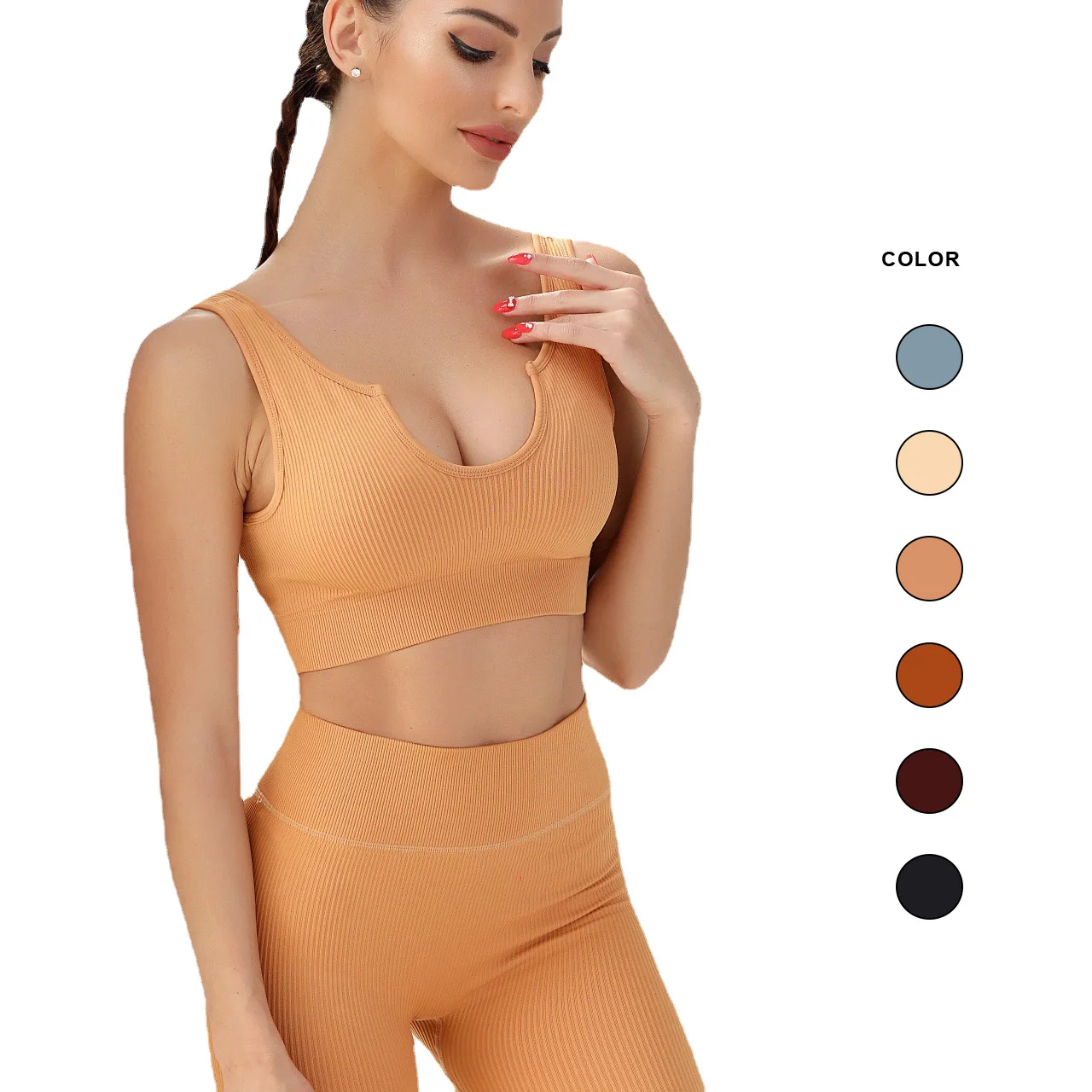 

Women Clothing Seamless Ribbed Leggings Yoga Bra Set Gym Fitness Stripe Workout Sports Crop Tops Sexy Jogging 2 Pcs Suits