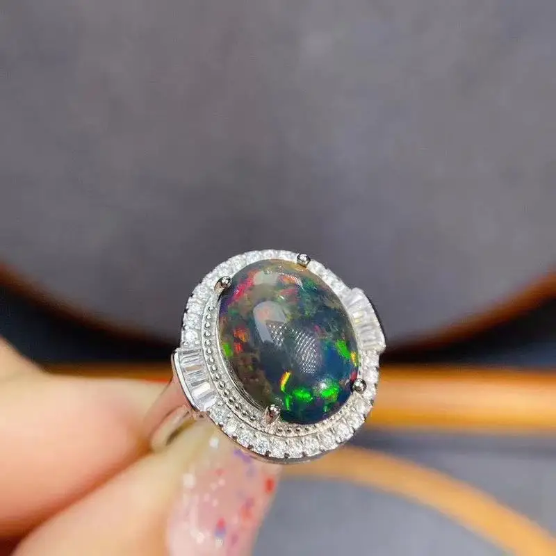 Multi-color Black Opal Ring Natural Gemstone Oval 10*12mm 925 Sterling Silver Ring Simple Style Fashion Jewelry