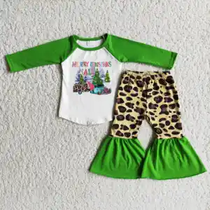 Fall Winter Girl Kid Clothing Christmas Tree Truck Green Long Sleeve Top and Leopard Flare Pants Set Children's Clothes