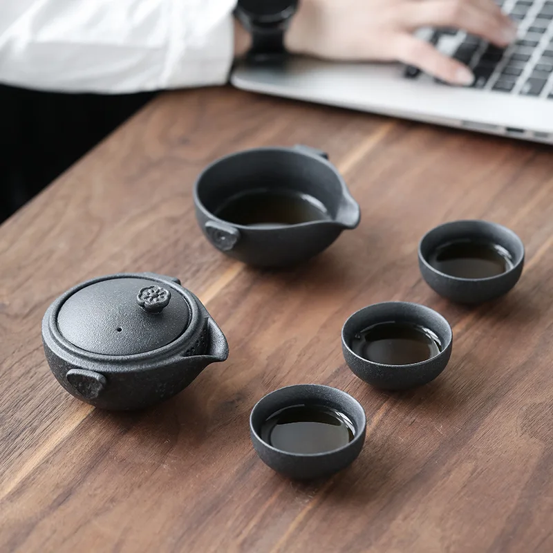 Black Ceramic Travel Kung Fu Tea Set Teaware Retro Pottery One Teapot Three Cups Caddy Portable Pot Chinese Gifts | Дом и сад