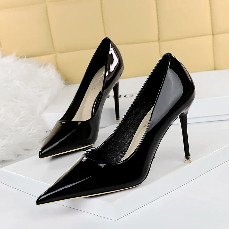 BIGTREE New Women Pumps Brand High Heels Black Patent Leather Pointed Toe Sexy Stiletto Shoes Woman Ladies Plus Big Size 42 43