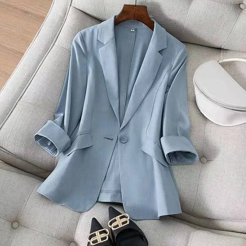 

Hot Selling New Spring Summer Women's Jacket 2021 Chic OL Slim Blazer Femme Elegant Single Button Blue Black Office Suit