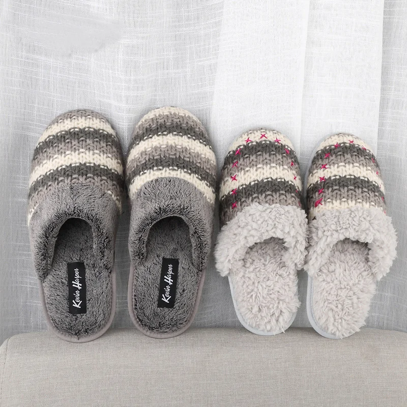 

Simple Knitted Home Slippers Coral Fleece Warm Home Shoes Winter Soft-Soled Non-Slip Slippers Women Wooden Indoor Shoes