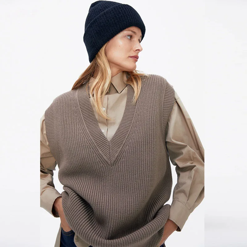 

OLOMM Sleeveless Sweater Women Autumn New Vintage Solid Knitted Vest V-Neck Casual Concise All-match Brown Clothes for Female