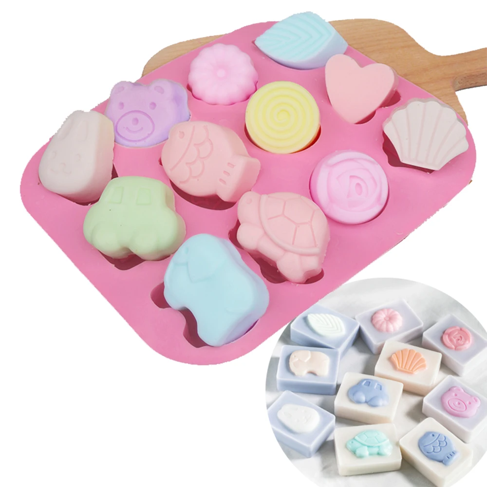 

Силиконовые формы для мыла в форме цветка, животного, 12 форм, товары для изготовления мыла ручной работы, шоколадный десерт, кубики льда, под...