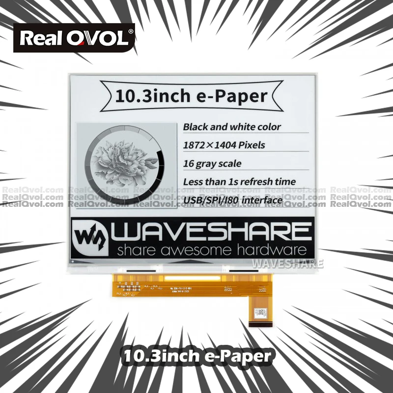 

Waveshare 10.3-дюймовый e-Paper e-Ink Raw Display, 1872*1404, черный/белый, 16 серых весов, параллельный порт, без PCB