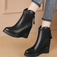 increasing height pumps ankle boots womens genuine cow leather platform wedge high heel military motorcycle boots