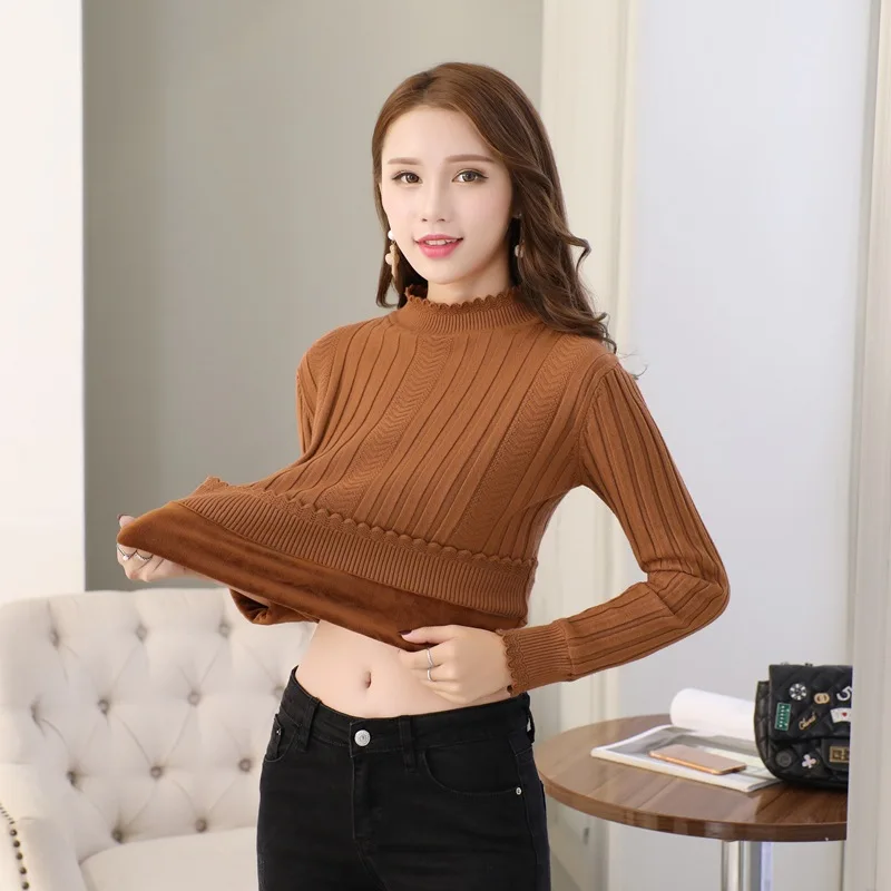 Fashion Sweaters Women Winter large size Knitted sweater Bottoming shirt Velvet Lining Thick Warm Pullover Sweater For | Женская одежда