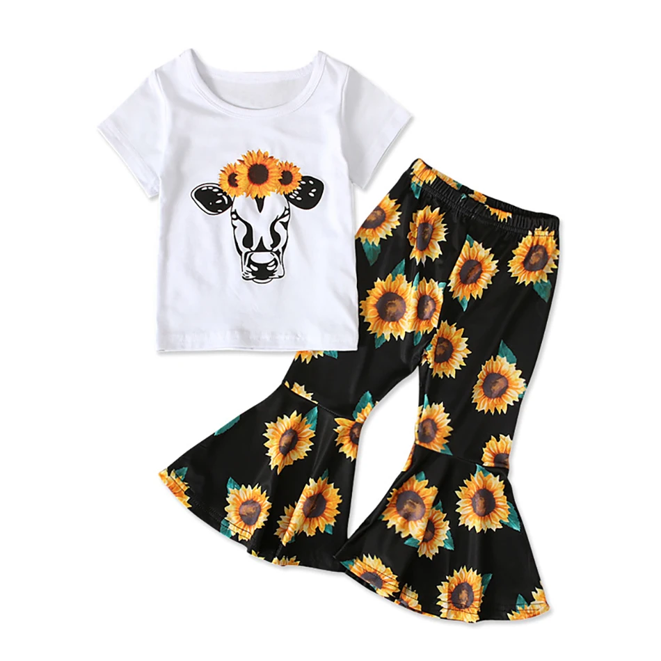 

Baby Girls Boot Cut Pants+T Shirt Clothes Set Outfit 2PCS Infant Children Clothes Infant Sunflower Print Summer Clothing Suit