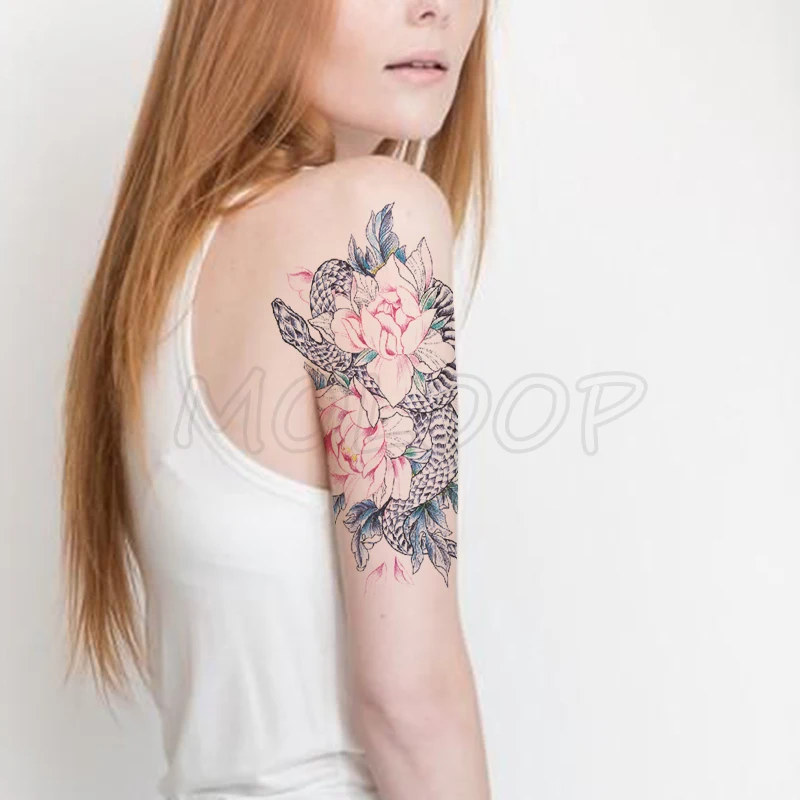 Временная тату наклейка с розовыми розами змея поддельные татуировки