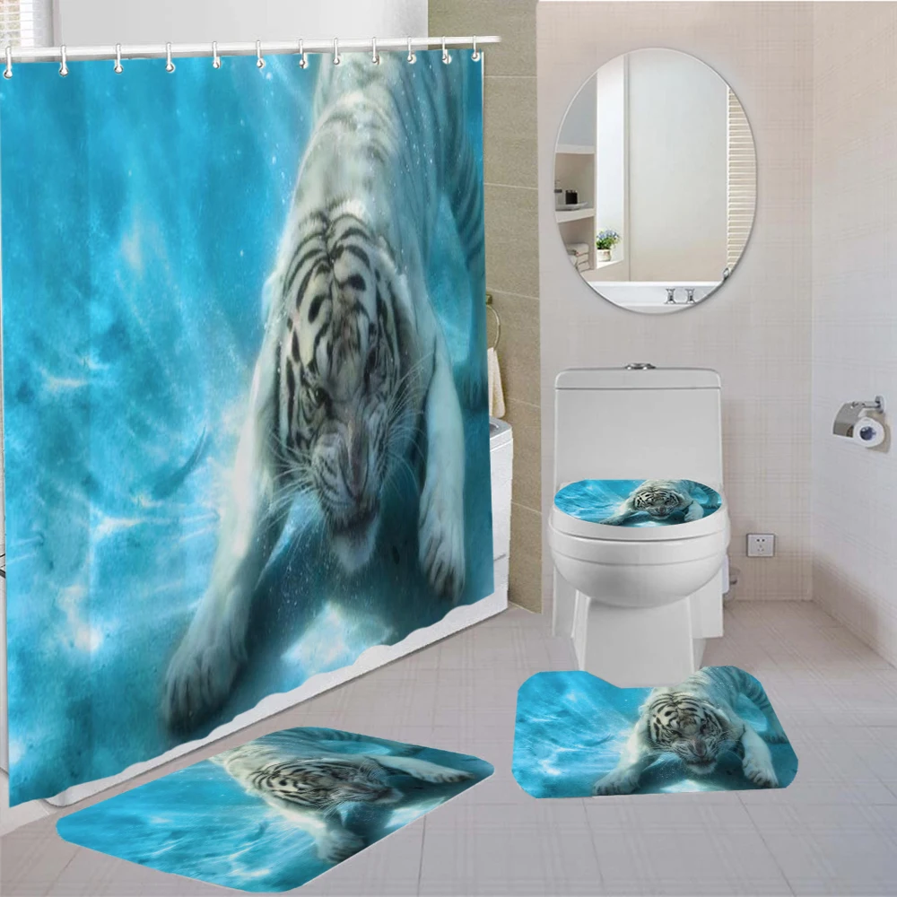 

Animals Lion Waterproof Shower Curtain Anti-Slip Bath Rugs Carpet Toilet Lid Cover Bath Mat Bathroom Decor 4 Piece for Bathroom