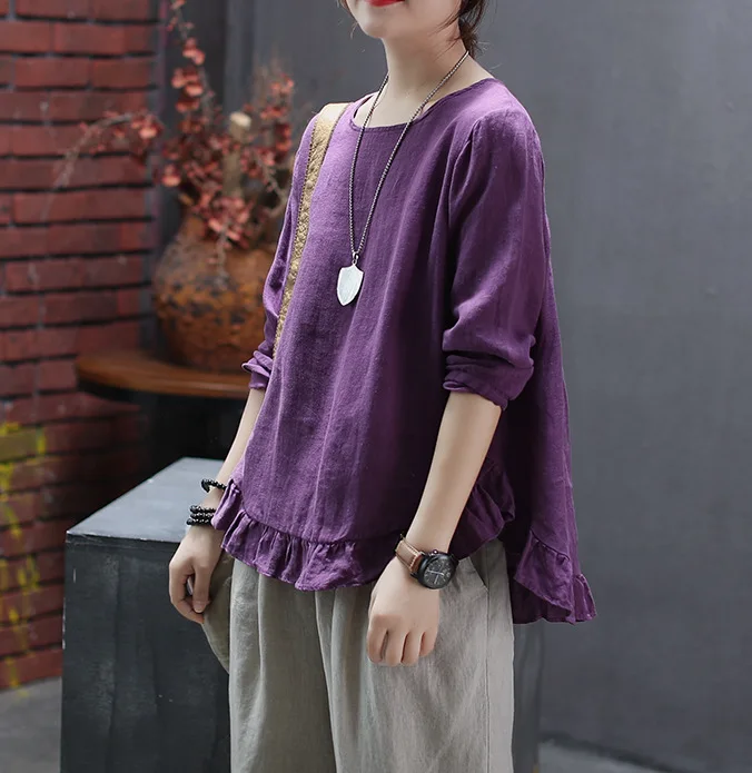 Women T-shirt Spring Autumn Retro Large size Loose Pullovers New Female Tops O-Neck Long-sleeved Button Mori girl Casual | Женская