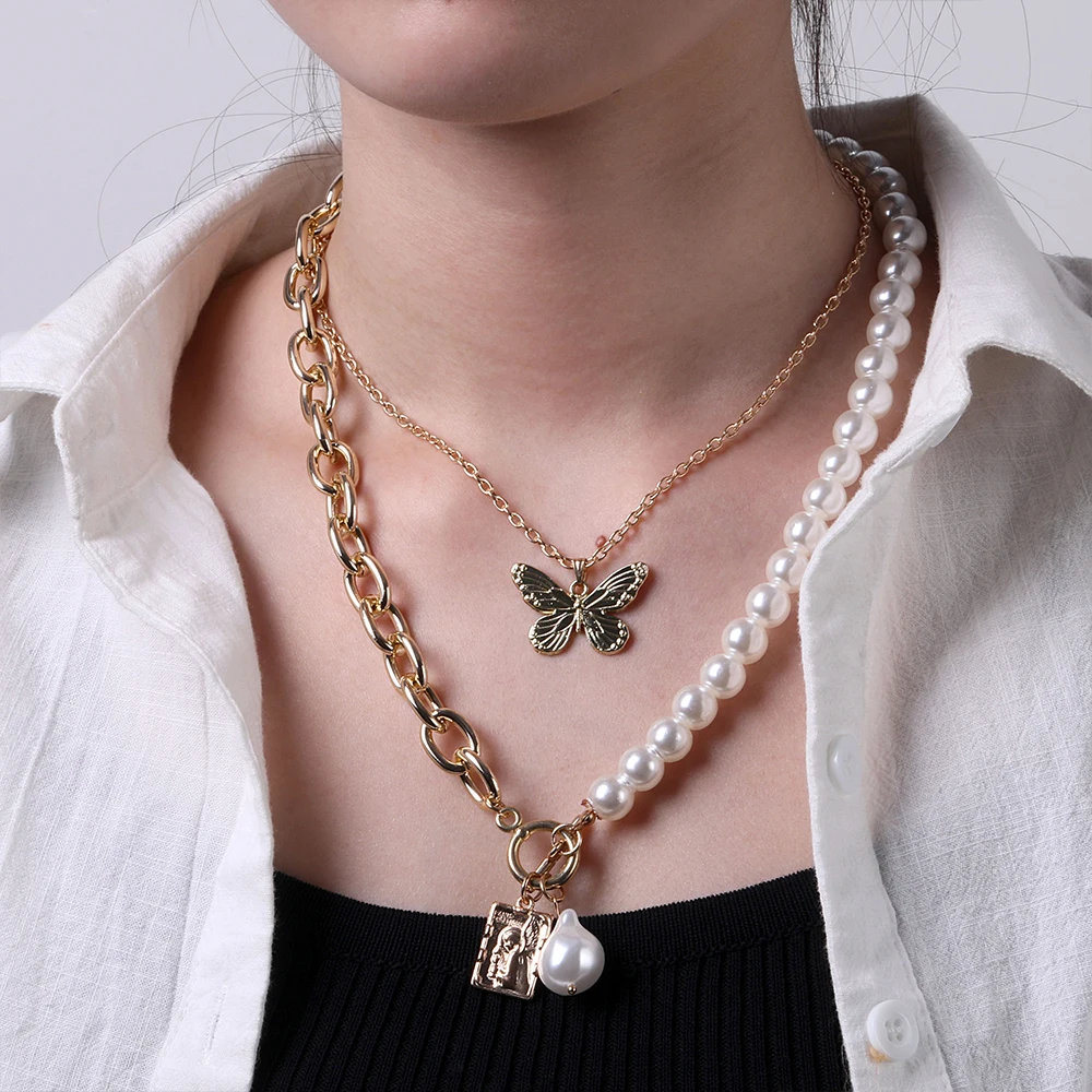 Винтажная барочная цепочка в виде бабочек с неровным жемчугом ожерелье