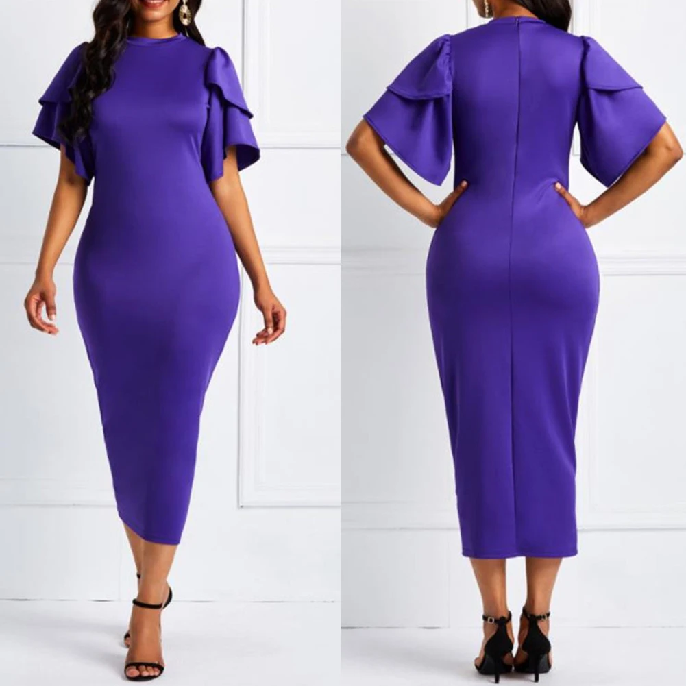 Solid color Fashion Sexy Women Ladies Solid Color O Neck Short Flared Sleeve Bandage Banquet Short Midi Dress  for party banquet