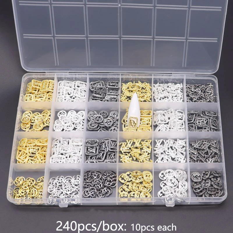 

240 шт. 3D металлические украшения для ногтей золотые и серебряные пистолеты черные инкрустированные блестящие стразы разные Стили смешанные...