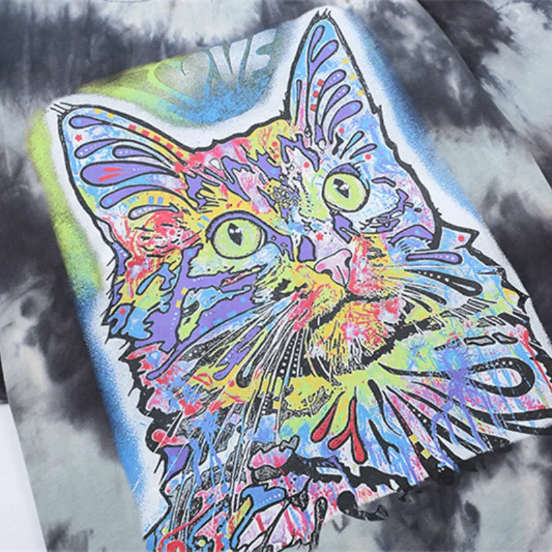 

Cat Printed Tie Dye Short Sleeve T Shirts Harajuku Korean Streetwear Casual Hip Hop Oversized Tshirt 2021 Summer Hipster Tops