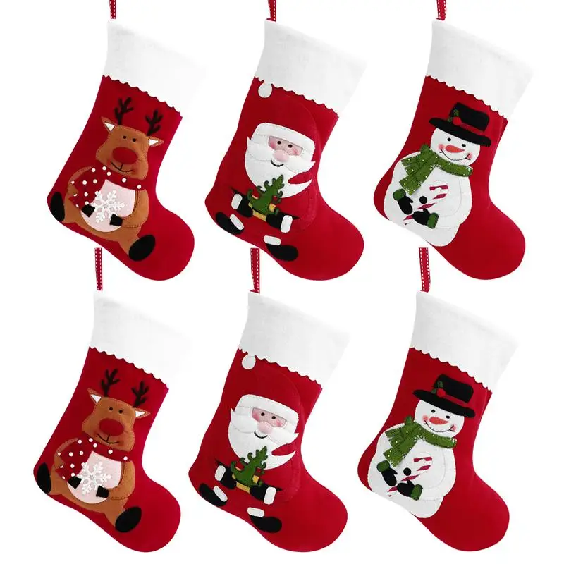 

6PCS Embroidered Christmas Candy Bag Red Felt Christmas Holiday Stockings Cartoon Hanging Bags Treat Candy Bags