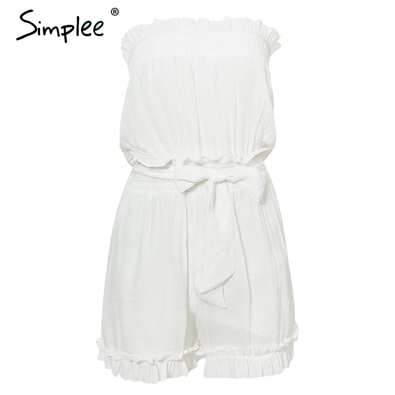 Женский льняной комбинезон Simplee с оборками летний однотонный короткий ромпер