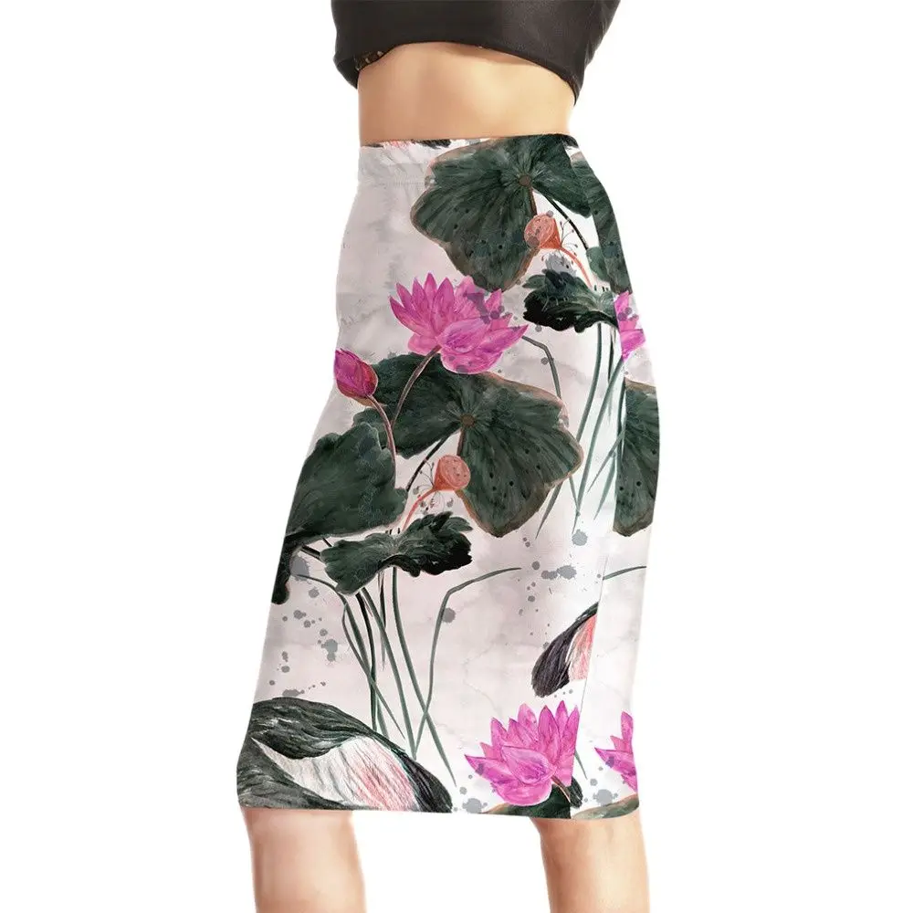 

High Waist Skirts New Hot Products Women's Sexy Lotus Chinese Painting 3D Print Skirts High Waist Package Hip Skirt Drop Ship