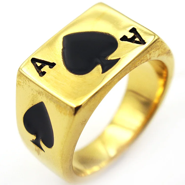 

AsJerlya Free Shipping Punk 6-13# Gold Color Black Ace Of Spades Ring 316L Stainless Steel Classic Poker Heart Letter A Rings