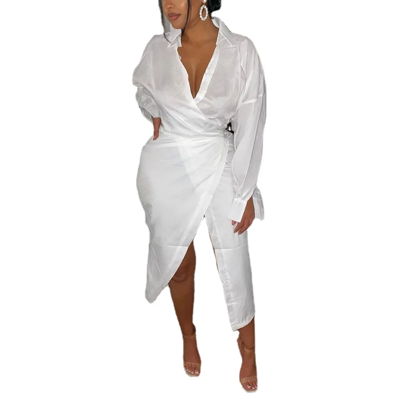 

Long Sleeve V Neck Tunic Slit Dress Elegant OL Shirt Dress