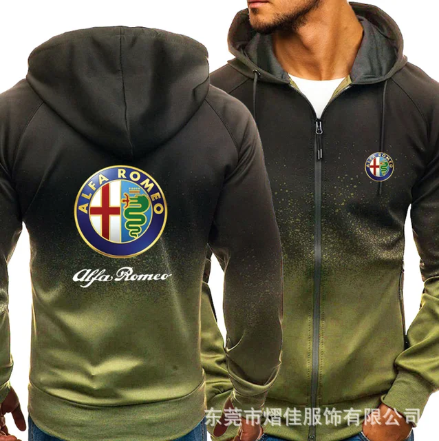 

NEW2021 for ALFA ROMRO Car Logo Print Casual HipHop Harajuku Gradient color Hooded Mens Fleece Sweatshirts zipper Jacket