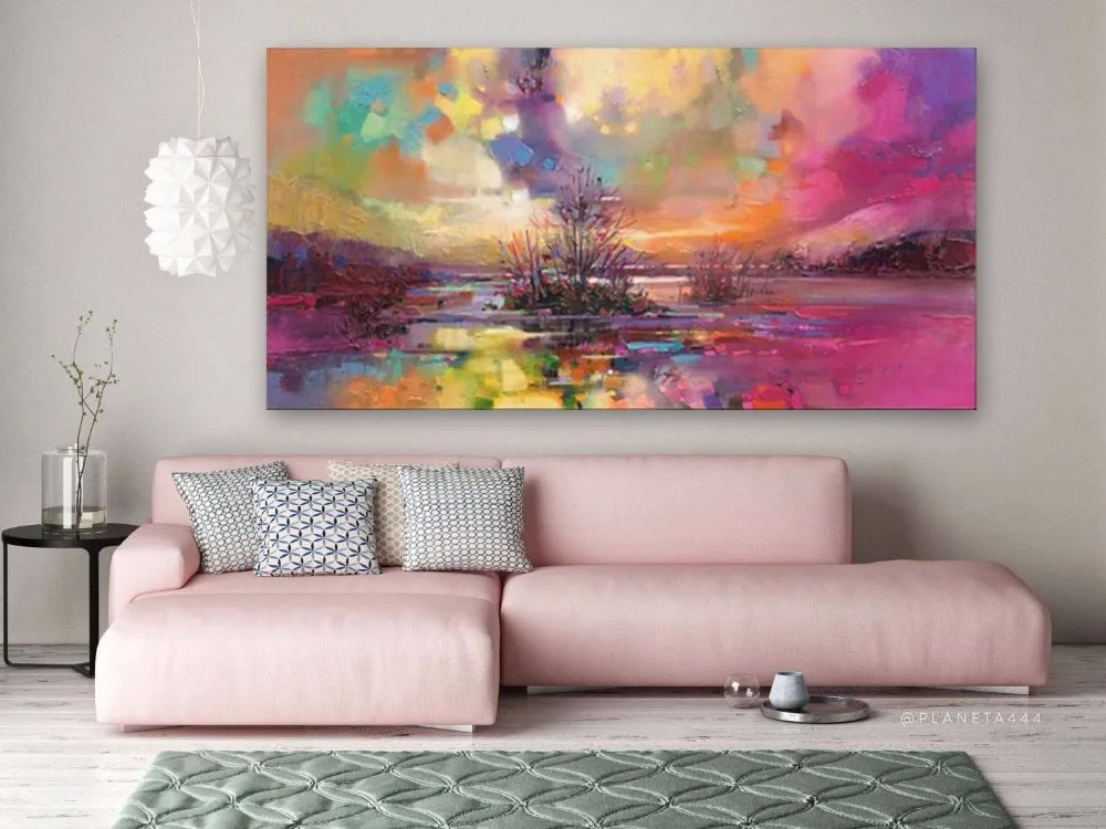 

Handmade thick knife high quality Modern Abstract Fine Artwork Canvas Decor Colorful Sky Pink sky Oil Painting for Living Room