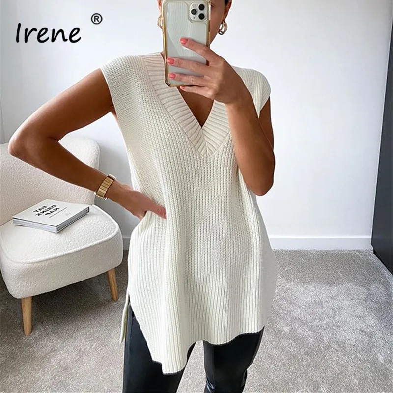 Женский свитер Irene с V-образным вырезом повседневный свободный белый длинный