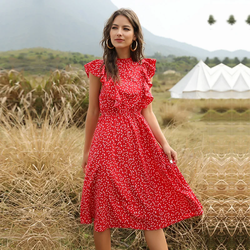 2021 New Summer Dot Print Dress Women Casual Butterfly Sleeve Ruffles Medium Long Chiffon Dress