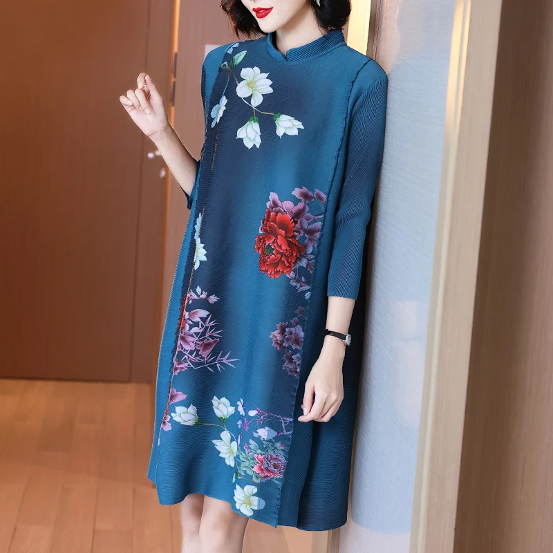 

Винтажное платье размера плюс для женщин 45-75 кг Весна Стенд воротник китайский Стиль печатных свободные короткое платье; по колено